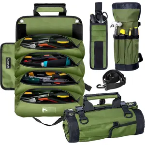 Roll Up Tool Bag Organizer 10 Pocket Tool Roll Heavy Duty Electrician Tool Bag for Men Dad Handyman Magnetic Wristband Mechanic Tool Storage Bag Rollup Pouch Car Tool Carrier Plumber Gadget Bag Green