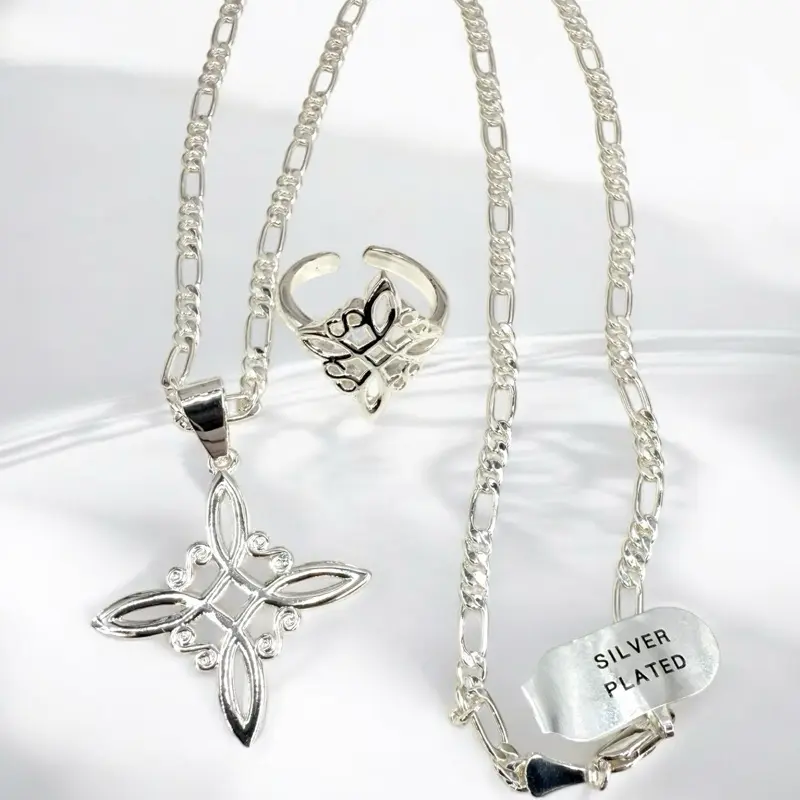 Witch's Knot Costume Jewelry Set, Silver-Plated Pendant Necklace, Adjustable Ring, Popular Sweet Female Accessory, Gifts for Women, Necklaces for Women
