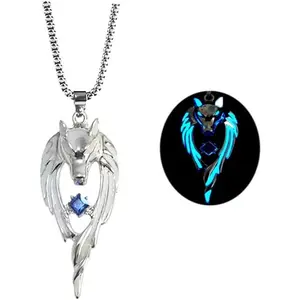 Wolf Necklace Pendant for Women Men Stainless Steel Luminous Animal Wolf Totem Necklace Teen Halloween Glow in the Dark Jewelry