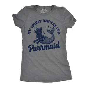 Womens Funny T Shirts My Spirit Animal Is A Purrmaid Sarcastic Kitten Graphic Novelty Tee for Ladies Funny Womens T Shirts Cute Vintage Fashion Casual Ladies T-Shirt Gift Funny Cat Top Women's Novelty Tees Dark Grey
