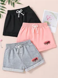 Big Girls 3-Pack Casual Sweat Shorts, Elastic Waist with Cute Bow Drawstring, "MILANO" Graffiti Print Rolled Hem Shorts in Black/Pink/Gray, Summer Loungewear & Activewear for Kids Aged 8-14