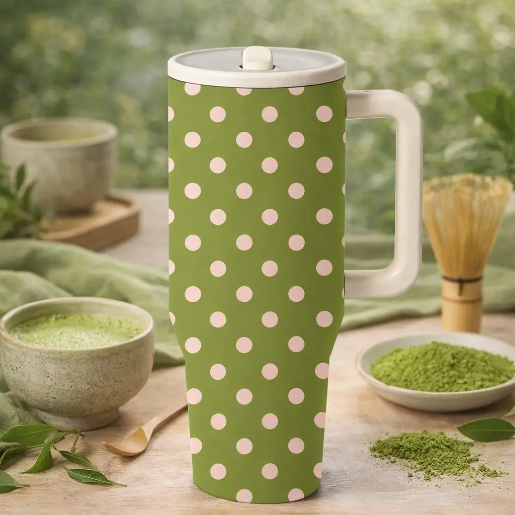 1 Pc Matcha Lover Insulated Mug With Handle, Durable Insulated, 40oz Aesthetic Green Polka Dot Vacuum Cup, Stainless Steel Flask, Leak Proof Lid, Keeps Hot 12 Hours Cold 24 Hours, Matcha Drinkware, Gift For Women Girls, Daily Coffee Tea Cup