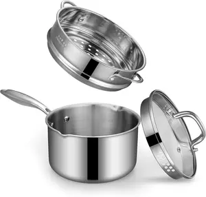 Tri-Ply Stainless Steel Sauce Pan with Steamer Basket & Straining Glass Lid, 2-in-1 Multi-Function Pot for Steaming Boiling Simmering, Healthy Durable Rust-Resistant Professional-Grade Cookware