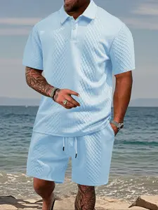 Men's solid-color knitted short-sleeved polo shirt + drawstring shorts set, summer casual wear, comfortable and fashionable, must-have in men's wardrobe