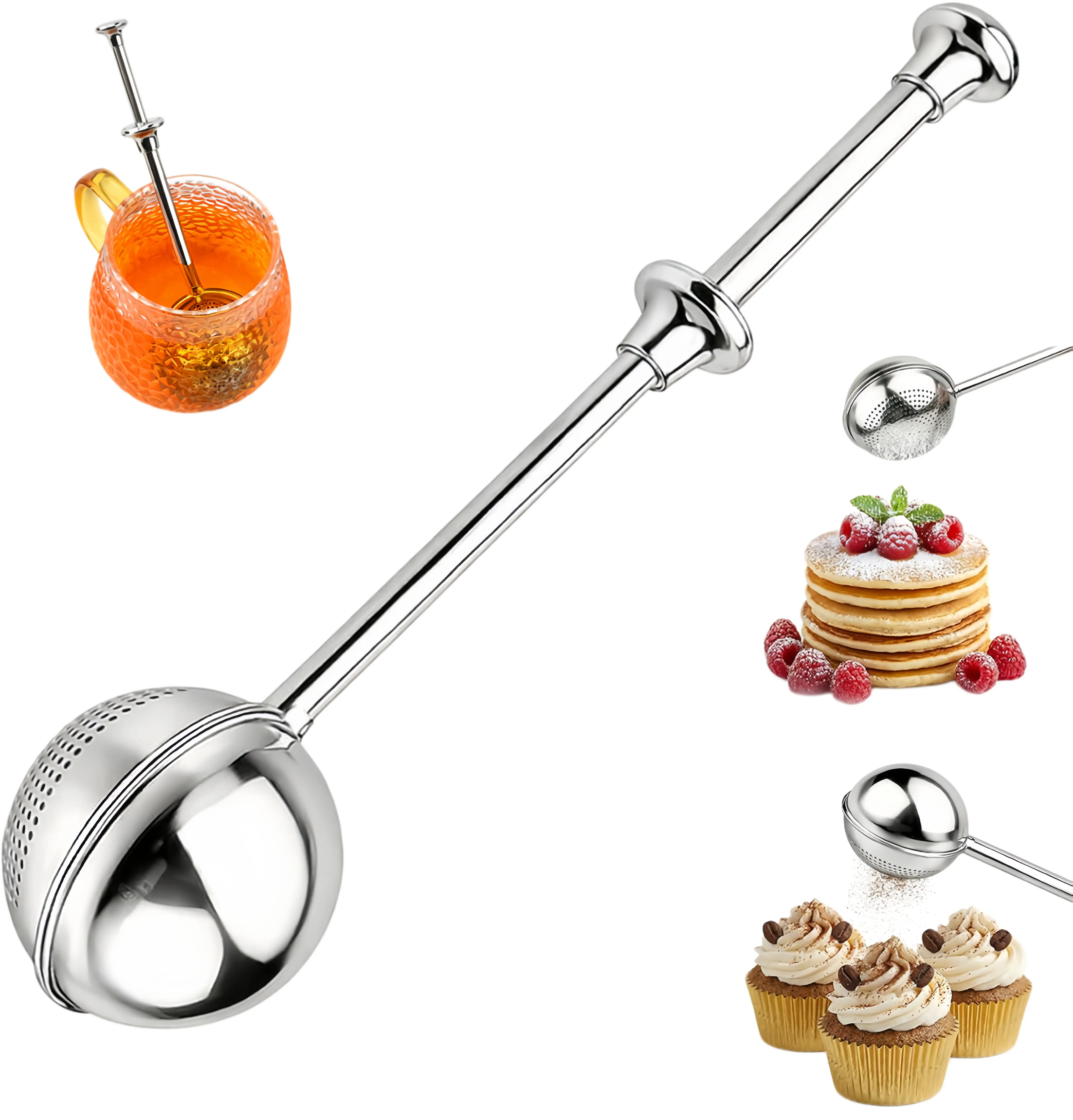 Multi-use Press Type Tea Strainer Fine Mesh Cocoa Powder Shaker, Food Grade Stainless Steel Tea Ball Filter for Drinks Dessert Seasoning