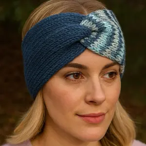 Natalia’s Niknaks Blue & Ice Striped Twisted Earwarmer Handmade Knit Headband Cozy Winter Accessory Soft Stretchy Warm Rust Cream Colorblock