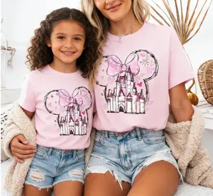 Magic Kingdom Pink Bow Castle Shirt is a themed family-friendly summer patterned T-shirt for vacation and travel. It includes a girl's travel casual top set, featuring a princess castle theme, a fairytale theme set, and a magic theme set.