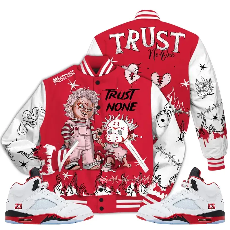5 Retro Fire Red Varsity Jacket, 2025 Fire Red Black Tongue 5s Shirt, Scary Trust No One Sneaker Matching Outfits Ideas Athletic Casual Fabric Womenswear