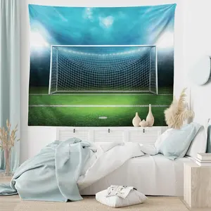 Soccer Tapestry King Size,  Finals Game Theme, Wall Hanging Bedspread Bed Cover Wall Decor, King Size, Green and Blue Design Interior Decoration Items Home Goods Charcoal Grey Red