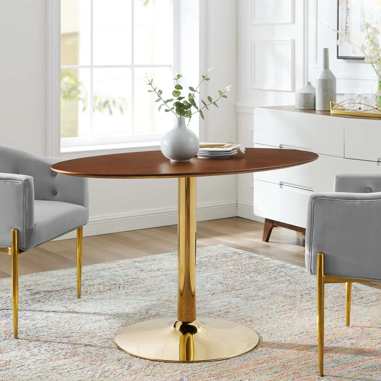 Modway Verne 48" Oval Shape Indoor Dining Table - Gold Walnut Wood, MDF Tabletop, Pedestal Base, Organic Design, Assemble Required for Dining Space Entertaining