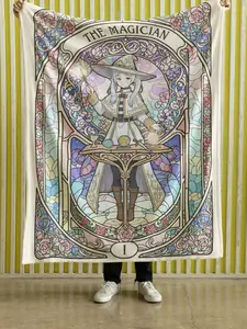 Frieren Beyond Journey's End The Magician Tarot Fleece Blanket - 300g Ultra-Soft Smooth Texture, Stained Glass Art Nouveau Vibrant Print, Anime-Style Blankets, Fan Room Decor Gift