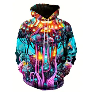 Creative Pattern 3D Graphic Print, Men's Casual Plus Size Drawstring Long Sleeve Sweatshirt Hoodie, Trendy Hooded Sweatshirt For Men's Daily Wear