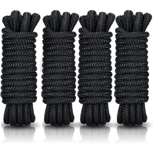 3/8" x 15' Boat Dock Lines, Pre-Spliped 12" Eyelet Fender Lines, Heavy-Duty Double Braided Nylon Marine Ropes for Mooring, Docking Yacht, Pontoon Accessories, 4 Pack, Black