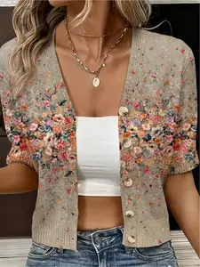Spring and Summer Collection: V-neck color-blocked floral print women's knitted short-sleeved cardigan, blouse, bohemian vacation style, casual and elegant commuting outerwear coverall, bikini coverall, beach coverall, Knitted cardigan tops