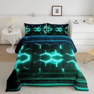 Honeycomb Designer Comforter Set,Ombre Theme Luxury Bedding Set,Teal Comforter,Geometric Abstract Modern Breathable Quilt Set