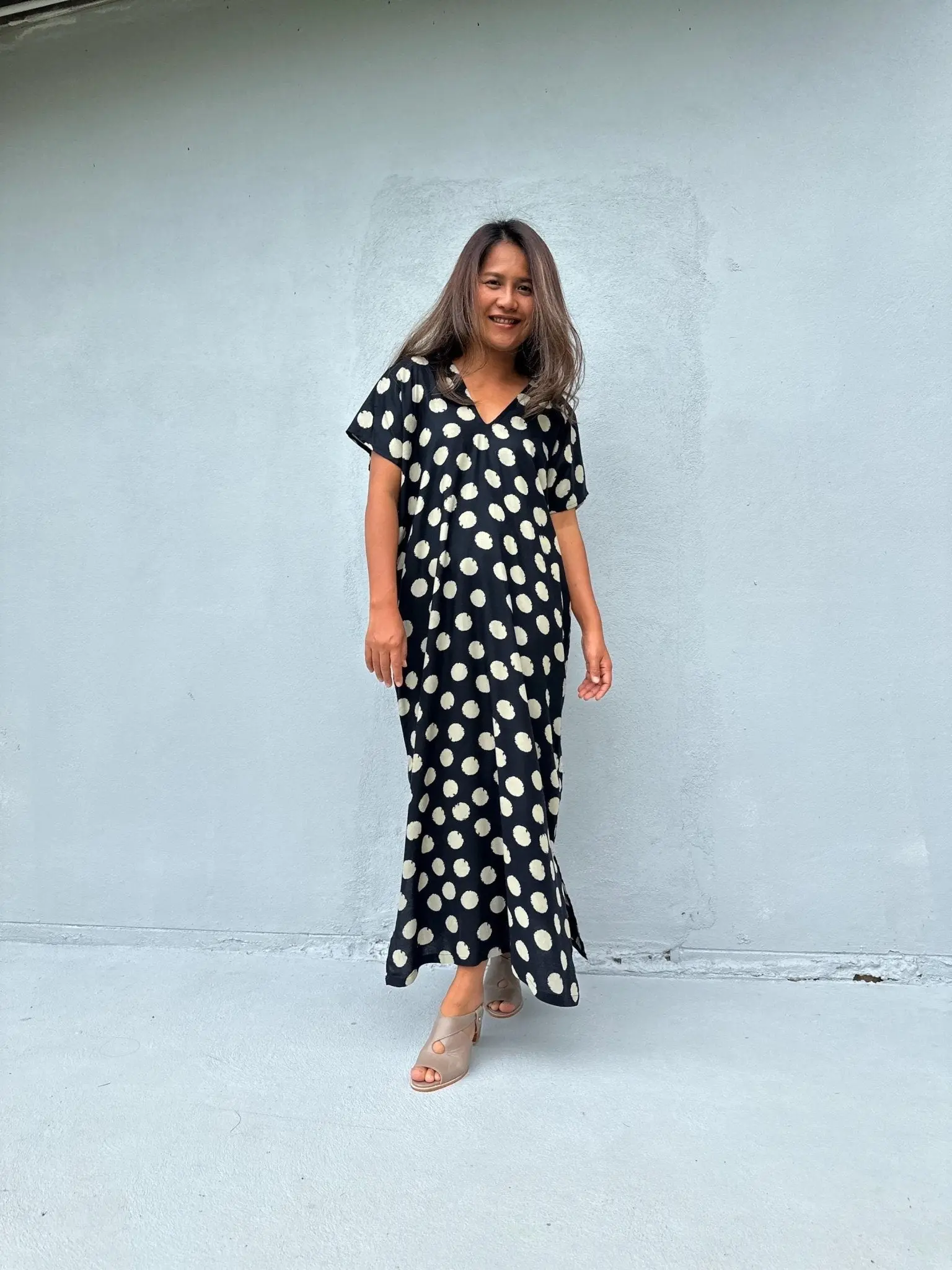 Petite Women's Black Polka Dot Kaftan Dress in Lightweight Rayon, Breathable Casual Wear Style with an Elongating Look, Breathable Rayon, Elongated Look, Fabric, Belted, Easy Silhouette