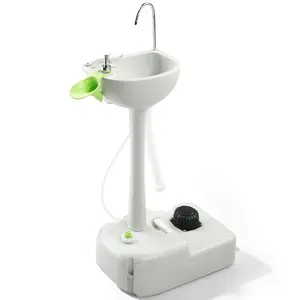 Portable Camping Sink with Foot Pump & Towel Holder, Removable Outdoor Wash Basin with Soap Dispenser & Rolling Wheels, Hands-Free Hand Wash Stand for Worksite, Events, Garden, White