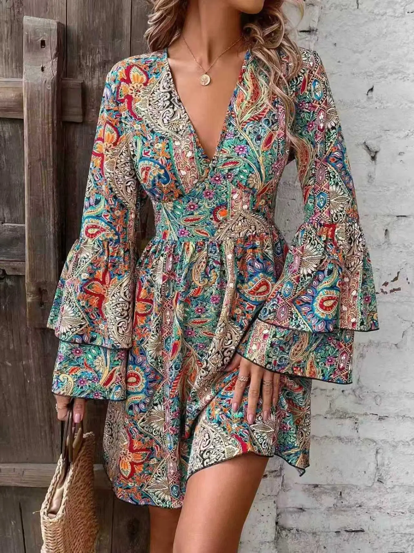 Women's V-Neck Printed Casual Fashion Short Sleeve Dress, 4 Color Options, Stylish Summer, Comfortable and Trendy