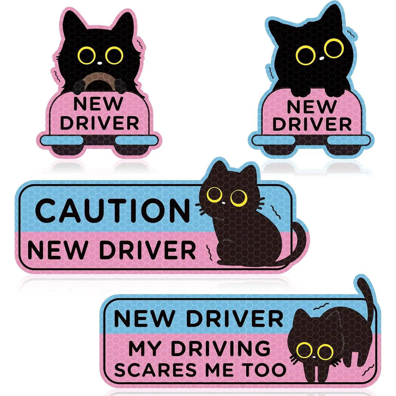 4pcs Black Cat New Driver Car Magnet, Cute Shivering Cat Reflective Student Driver Sign for Car Bumper, Cartoon Nervous Kitty Caution New Driver Reusable Magnet Sticker for Bumper Safety Sign