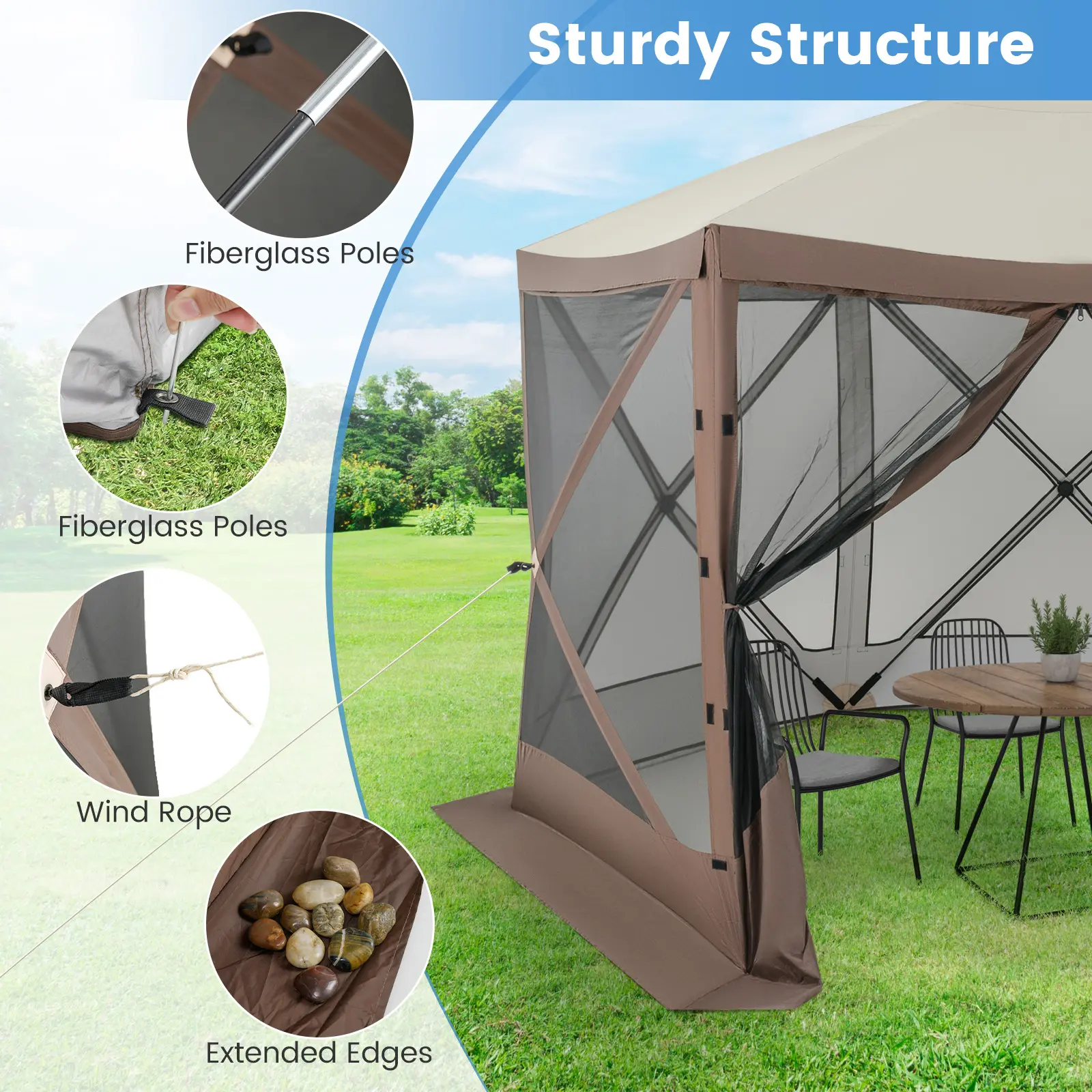 COSTWAY - Pop-up Gazebo 6-sided Instant Setup Screen House Hub Tent with Mesh Netting Walls-Coffee