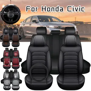 For Honda Civic 2013-2023 2024 2025 2026 4 Doors 2 Row Car 5 Seat Covers with Steering wheel Cover & Storage Pockets Bag, Waterproof PU Leather Front Rear Cushion Protector Mat Full Set Breathable, Vehicle Interior Decoration Accessories