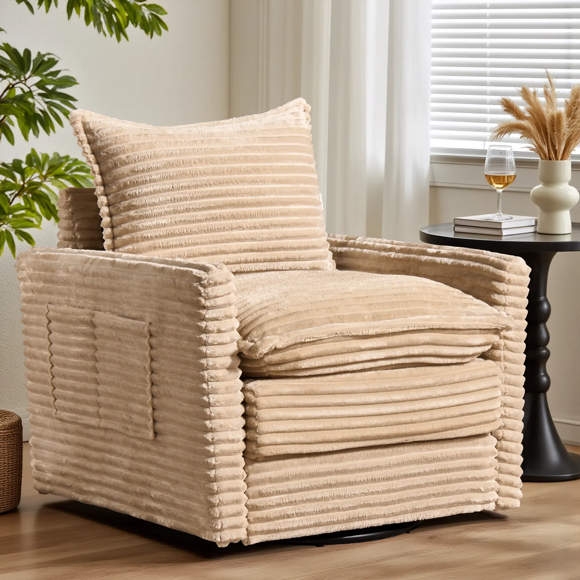 Beige Plush Corduroy Swivel Chair*1