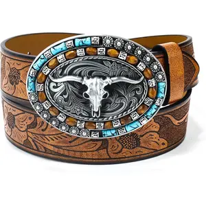 Womens-Western Turquoise Buckles-Belt Cowboy Cowgirl Style PU Leather Belts Vintage Western Waist Belt for Pants