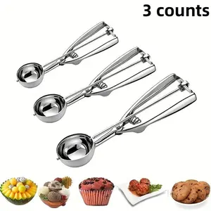 3 Counts Ice Cream Scoop Stainless Steel Utensils, Cookie Scoop Set, Trigger Release, Silver Color, Ideal for Baking & Desserts, Small Size
