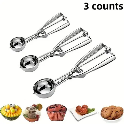 3 Counts Ice Cream Scoop With Trigger Stainless Steel Utensils, Cookie Scoop Set, Trigger Release, Silver Color, Ideal for Baking & Desserts, Small Size, Kitchen Gadgets