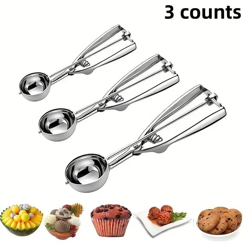 3 Counts Ice Cream Scoop With Trigger Stainless Steel Utensils, Cookie Scoop Set, Trigger Release, Silver Color, Ideal for Baking & Desserts, Small Size