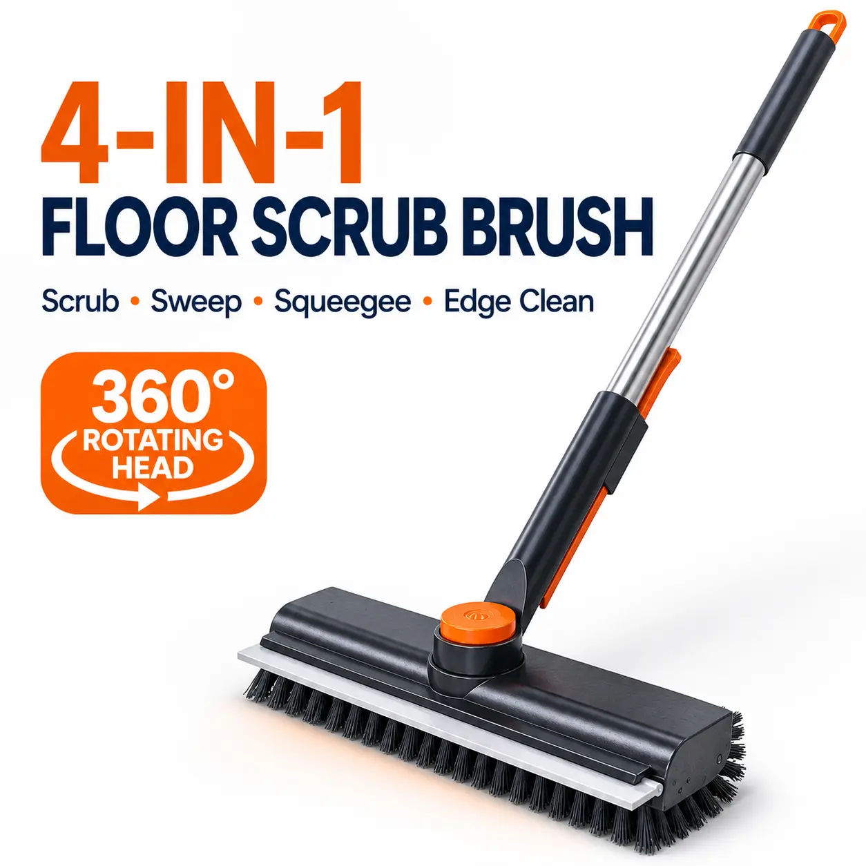 4-in-1 Floor Scrub Brush with Long Adjustable Handle, 360° Rotating Head, Heavy-Duty Stiff Bristles & Squeegee for Bathroom, Shower, Tile, Grout, Wall, Patio & Garage