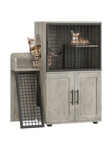 【Christmas Gift】Cat Litter Box Enclosure With Platform, Double Layer Hidden Cat Furniture, Modern Villa Cat Cabinet With Ladder, Cat Washroom Indoor, Cat House