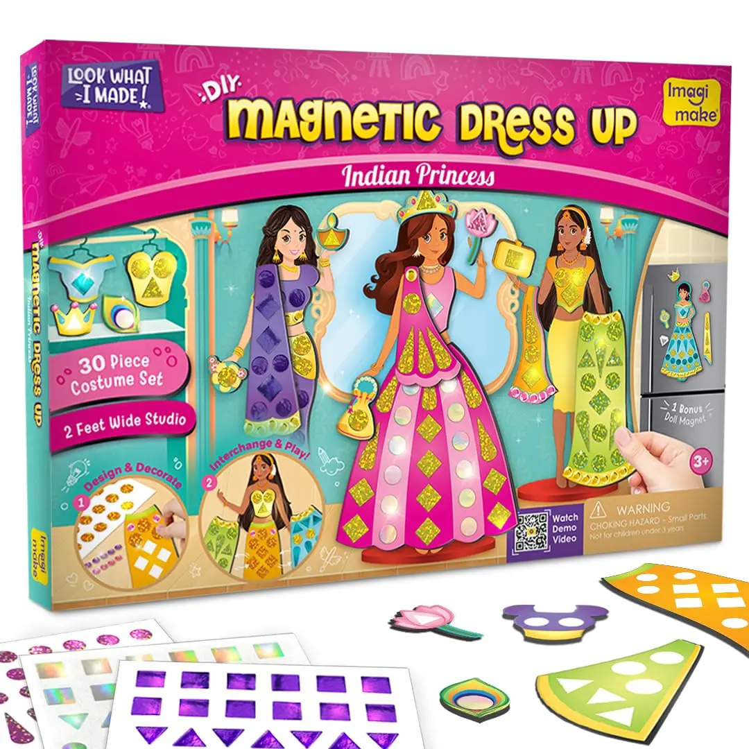 Imagimake DIY Magnetic Dress-Up Indian Princess | Pretend Play Toys for Kids | 30 Magnetic Dresses & Accessories | Interchange & Create Unlimited Outfits | Birthday Gift for 3,4,5,6,7,8 Year Old Girl