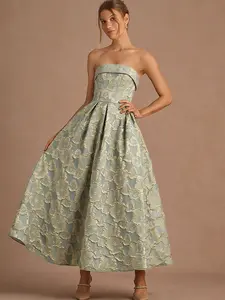 Azazie Florentine Corset Bandeau Jacquard Taffeta Wedding Guest Party Maxi Dress