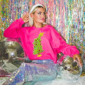 Chenille Patch Christmas Tree Sweatshirt Fitted Cotton-Poly Blend Pullover Hoodie for Women's Holiday Style with Real Chenille Detail Festive Crewneck Top