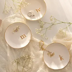 BOOVO HOME - Ceramic  Jewelry Tray, Decorative Trinket Dish for Rings Earrings Necklaces Bracelet Watch Keys, Birthday Mother's Day Christmas Gift for Women, 4.75", White Surface (letter)