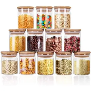 Glass Jars 8.5OZ, 12 Set with Bamboo Airtight Lids and Labels, Food Cereal Storage Large Spice Containers for Home Kitchen Tea Coffee Flour Herbs Grains