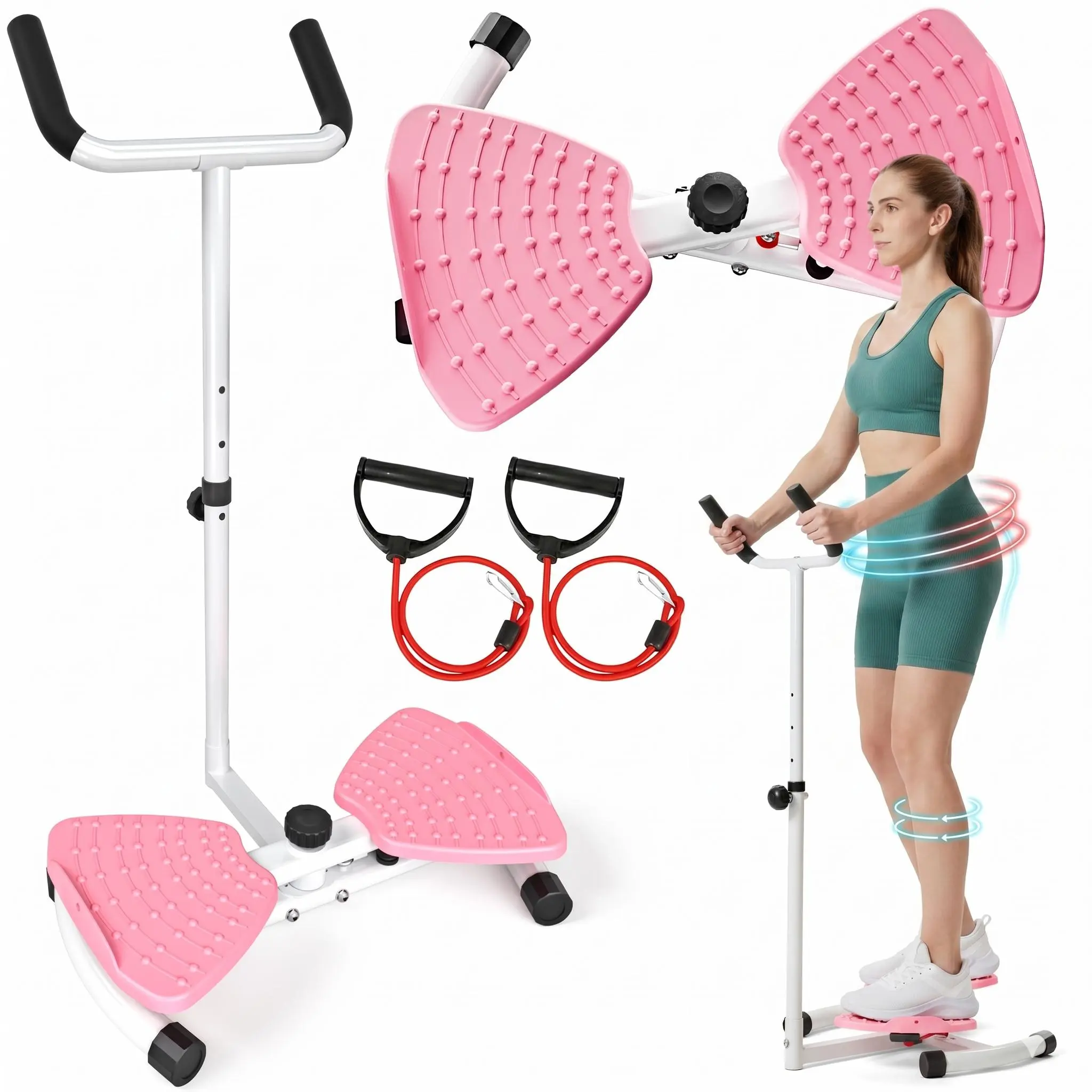 Dual-Pedal Waist Twisting Board with Detachable Handlebars, Alloy Steel Ab Core Trainer for Home Fitness with Integrated Pull Cords, 300 lbs Capacity