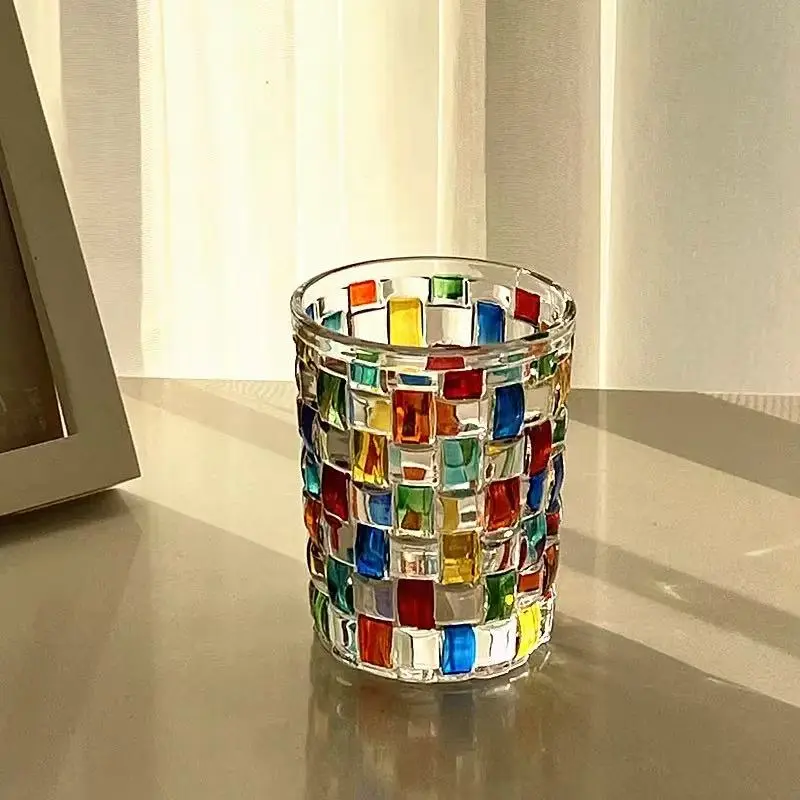 Multicolor Glass Tumbler Cup, Unique Mosaic Design Drinking Cup for Everyday Use