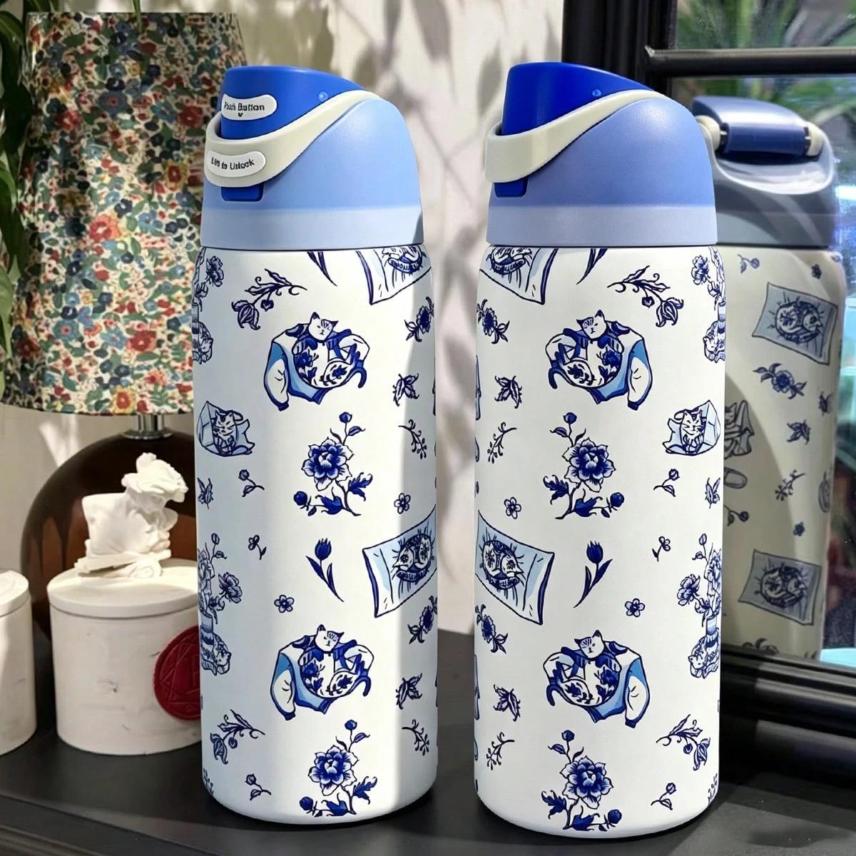 BFCxOwala Blue And White Stainless Steel Cup 32oz 945ml Thermal Insulated Hot Cold Beverages Coffee Travel Tumbler Reusable Water Bottle