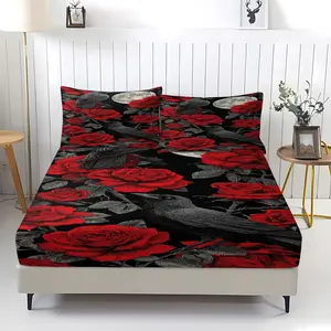 Rose crow pattern printed bedsheet, including 1 bedsheet and 2 pillowcases, anti slip dust cover suitable for bedrooms and guest rooms, suitable for personal use or gift giving