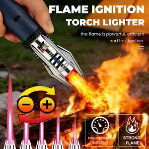 (Butane Not Included) Metal Windproof Butane Gas Lighter, with 360° Use, Outdoor Turbine Jet Flame Torch Lighter Ignition Gun, with Safety Lock And Adjustable Flame, Refillable High Power Flame for Camping, Bbq Stove, Cigar Tools, Candle