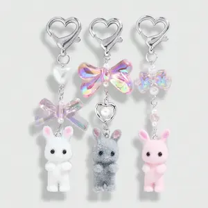 Set of 3 cute cartoon accessories: versatile minimalist collegiate style, multicolor flocked rabbit acrylic design with a dazzling bow; DIY keychain and bag charm; suitable for sisters and best friends’ everyday wear; ideal as holiday gifts.