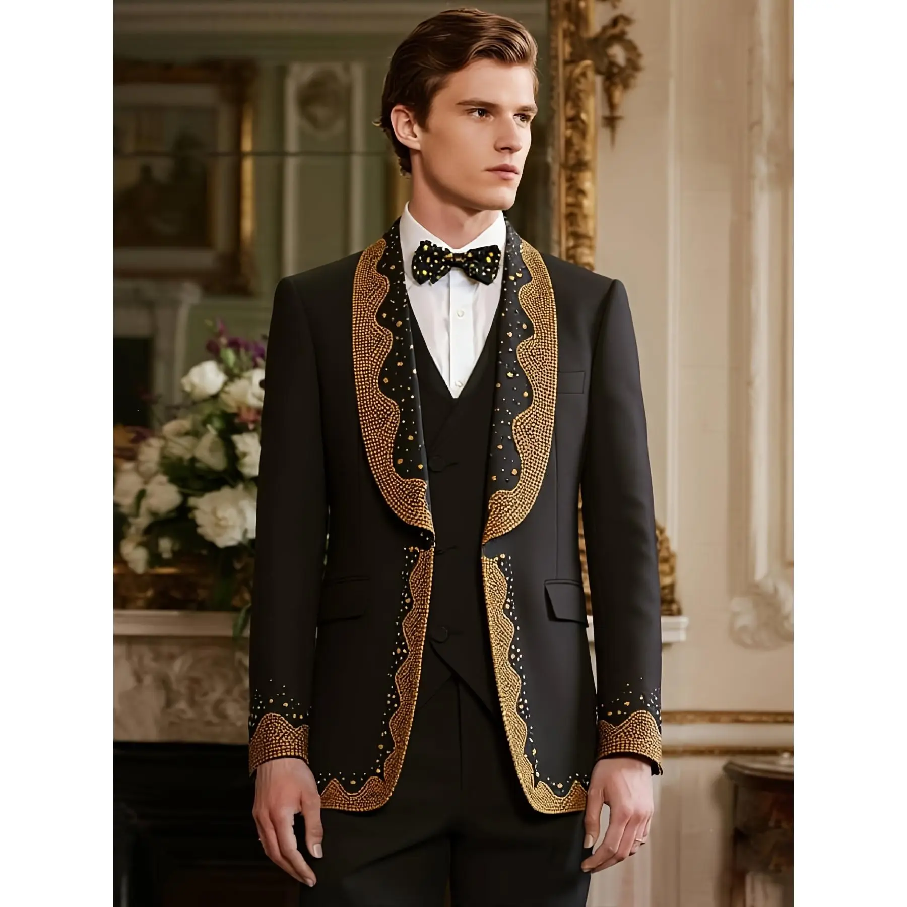 Men's Elegant Luxury 3-Piece Tuxedo Suit - Rhinestone Long Sleeve Blazer, Vest, Rayon Top, Tailored Fit Pants for Weddings, Proms Premium Menswear, Colorblock