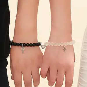 Magnetic Glow in The Dark Heart Design Charm Beaded Bracelet(1 Pair), Fashion Accessories for Men & Women, Magnetic Charm Bracelet , Perfect for Parties & Night Out - Ideal Gift for Friends & Couples