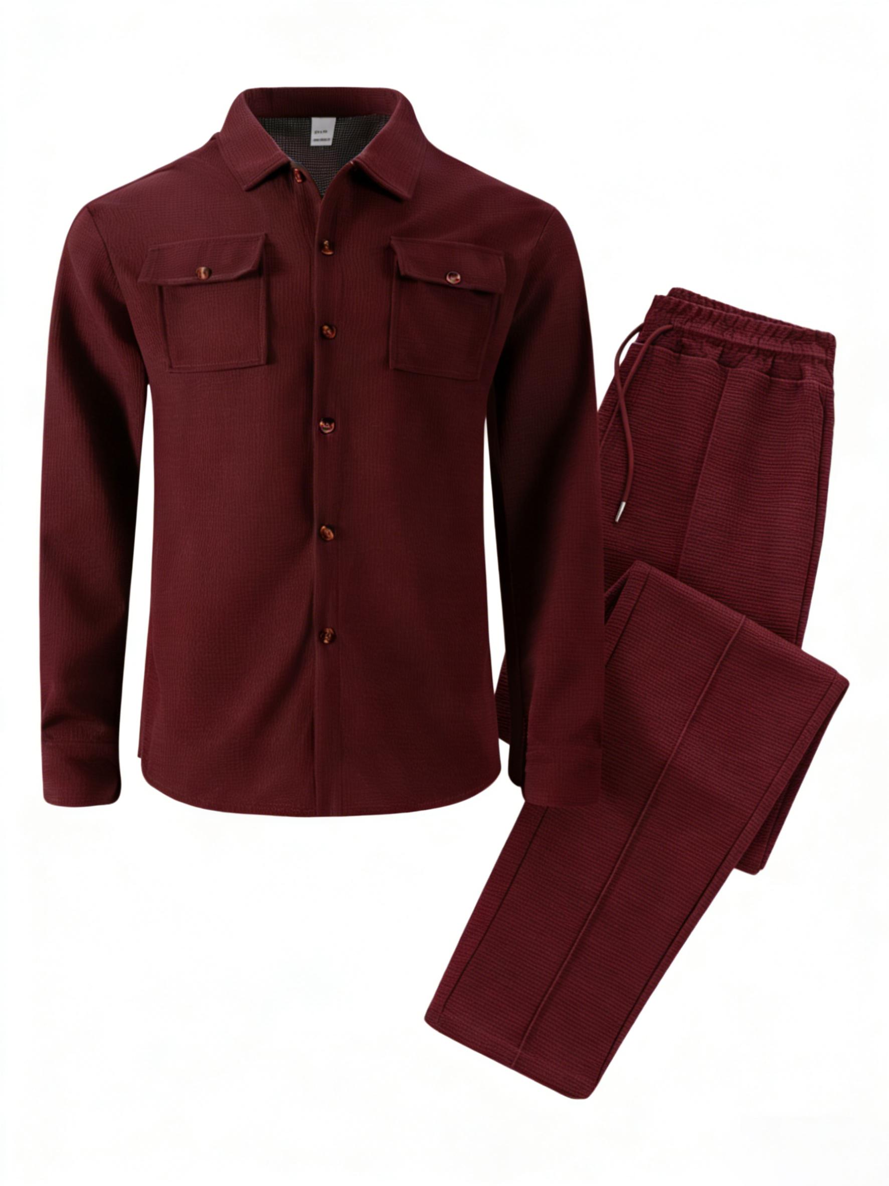 2026 new men's casual set, featuring a collared top and drawstring casual pants two-piece set, spring and autumn long-sleeve buttoned pocket sportswear set, regular fit, suitable for everyday casual wear