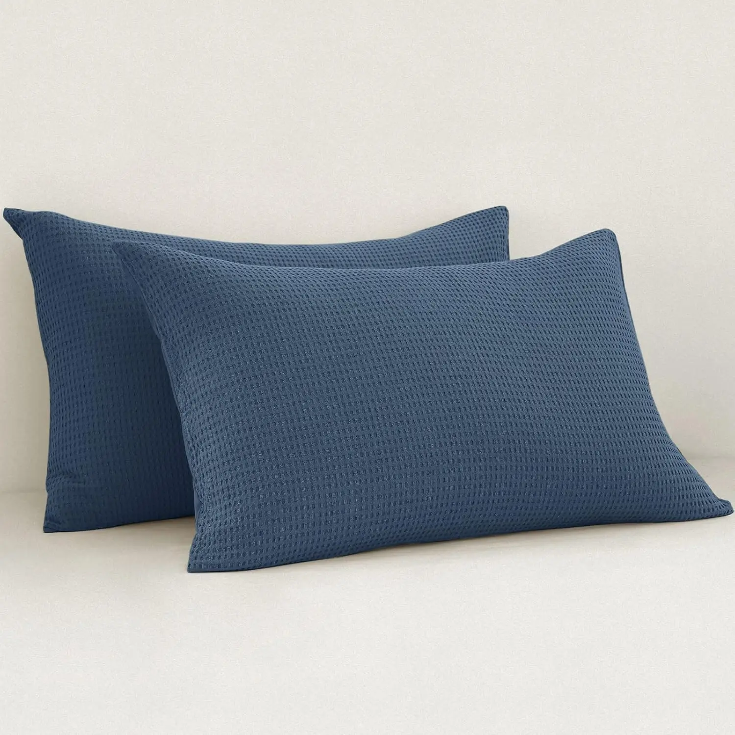 Cotton Waffle Weave Pillowcases King Size Set of 2, No Insert, 20" x 36" Ultra Soft Cotton Blend Pillow Shams, Comfy Breathable and Skin-Friendly Pillow Cases Covers, Navy Blue