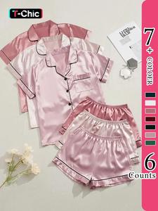 6 counts women's contrast binding satin pajama set, casual lapel short sleeve shirt & elastic waist shorts, summer clothes women, summer sleepwear, homewear, summer outfits 2024, national day offers, pajama sets women