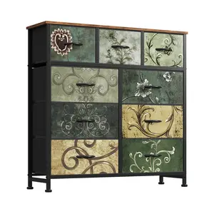 9-Drawer Fabric Storage Dresser with Floral Design - Vintage Style Organizer Tower with Sturdy Steel Frame & Wood Top for Bedroom, Hallway, Closet, Entryway