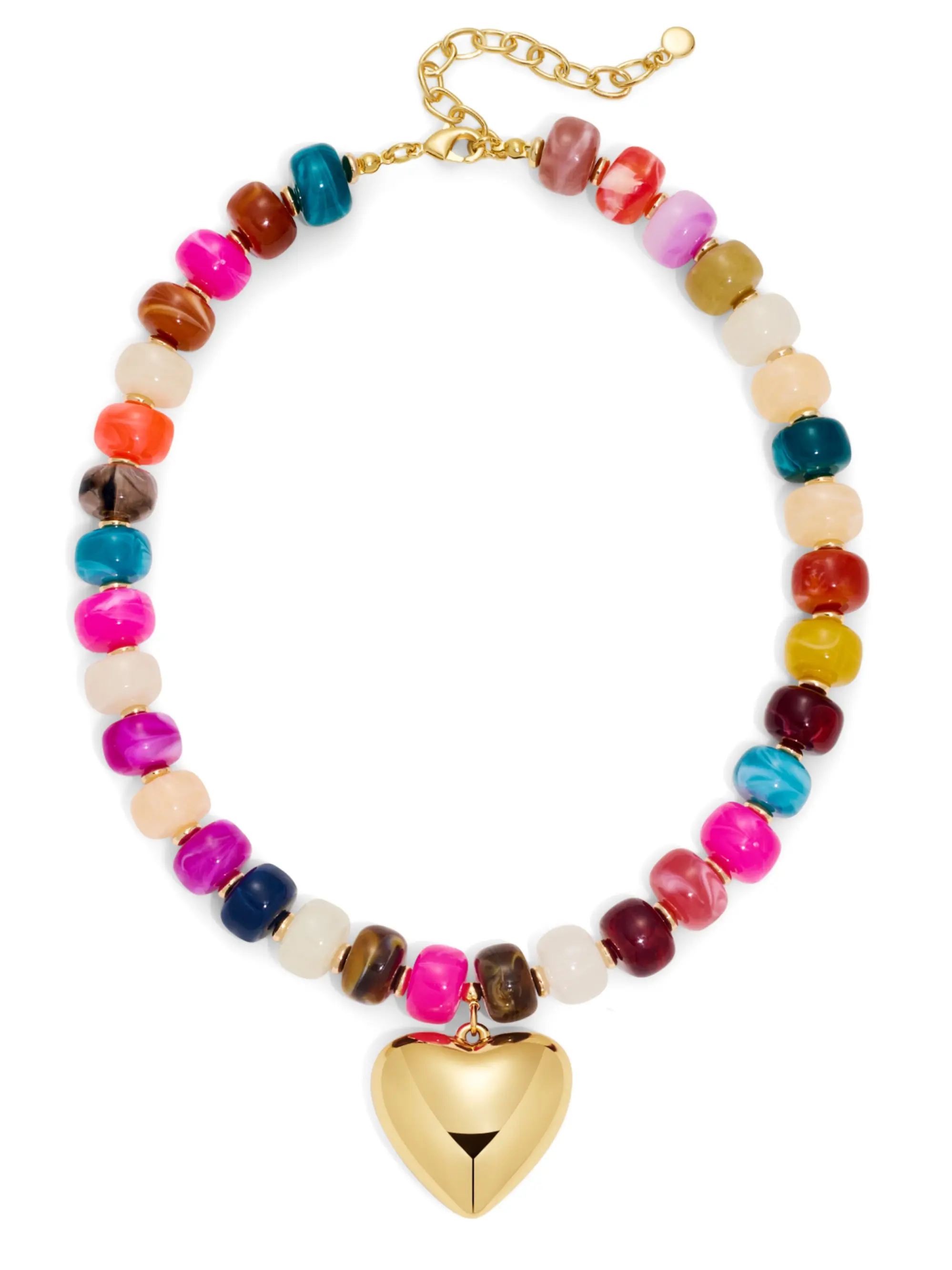 Trendy Chunky Colorful Beaded Necklace, Gold Heart Pendant, Resin Beads, Heart-Shaped Charm, Stylish Jewelry for Women, Alloy Necklace, Boho Style Jewelry